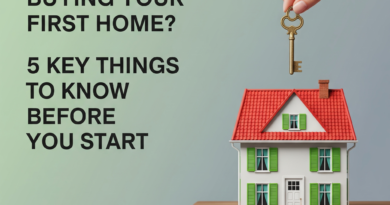 A minimalistic and informative graphic for first-time home buyers. On the left side, bold and modern sans-serif text reads 'Buying Your First Home? 5 Key Things to Know Before You Start'. On the right, a realistic 3D model of a house with a red roof, green window shutters, and a white front door sits on a wooden shelf. A hand from the top right is placing a vintage-style golden key above the house, symbolizing ownership. The background is a soft gradient of green to gray, creating a clean and professional look.