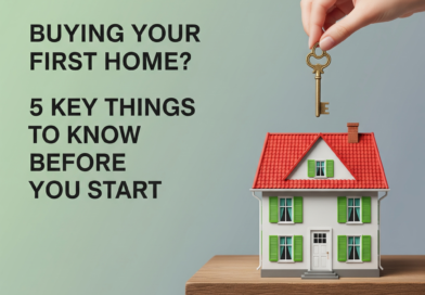 A minimalistic and informative graphic for first-time home buyers. On the left side, bold and modern sans-serif text reads 'Buying Your First Home? 5 Key Things to Know Before You Start'. On the right, a realistic 3D model of a house with a red roof, green window shutters, and a white front door sits on a wooden shelf. A hand from the top right is placing a vintage-style golden key above the house, symbolizing ownership. The background is a soft gradient of green to gray, creating a clean and professional look.