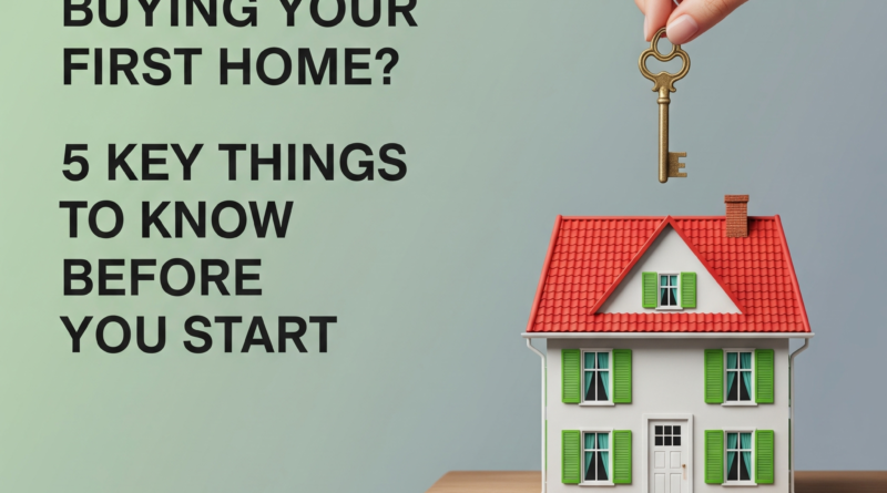 A minimalistic and informative graphic for first-time home buyers. On the left side, bold and modern sans-serif text reads 'Buying Your First Home? 5 Key Things to Know Before You Start'. On the right, a realistic 3D model of a house with a red roof, green window shutters, and a white front door sits on a wooden shelf. A hand from the top right is placing a vintage-style golden key above the house, symbolizing ownership. The background is a soft gradient of green to gray, creating a clean and professional look.